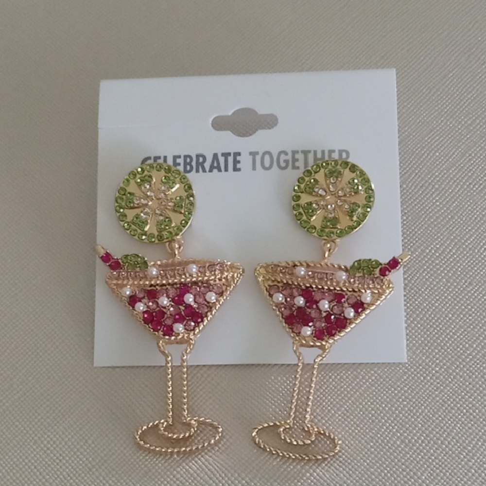 Celebrate Together Gold and Green Martini Cocktail Earrings